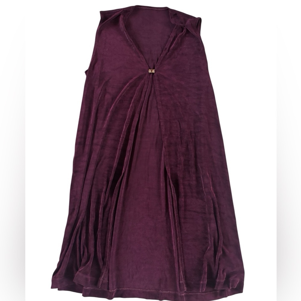 Plum Draped Waterfall Cardigan Duster Boho Open Front Gold Detail Medium
